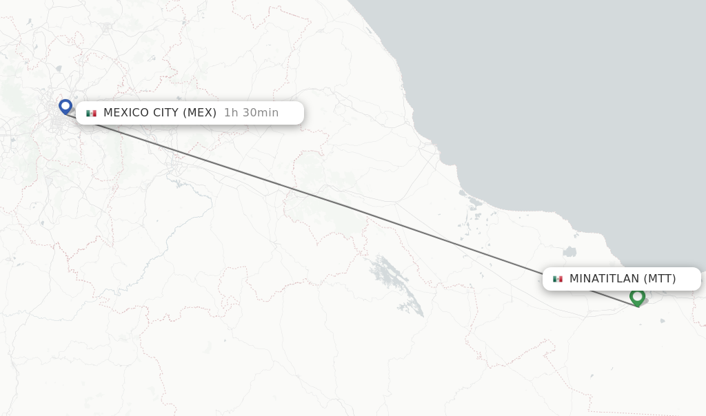 Flights from Minatitlan to Mexico City route map