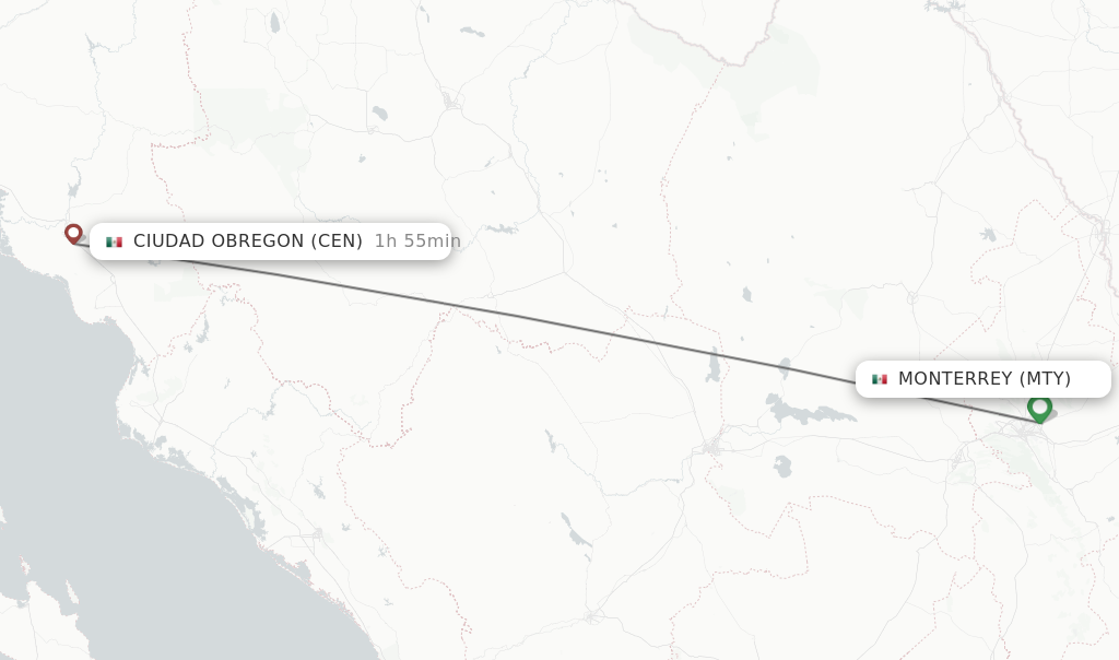 Flights from Monterrey to Ciudad Obregon route map