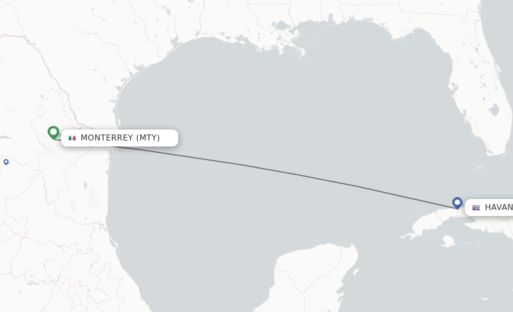 Flights from Monterrey to Havana route map