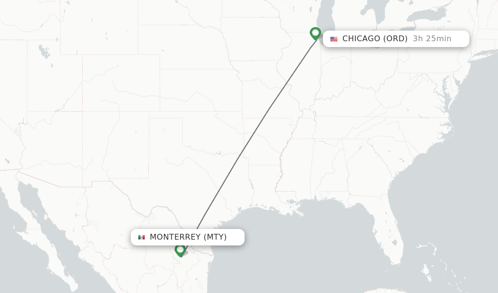 Flights from Monterrey to Chicago route map