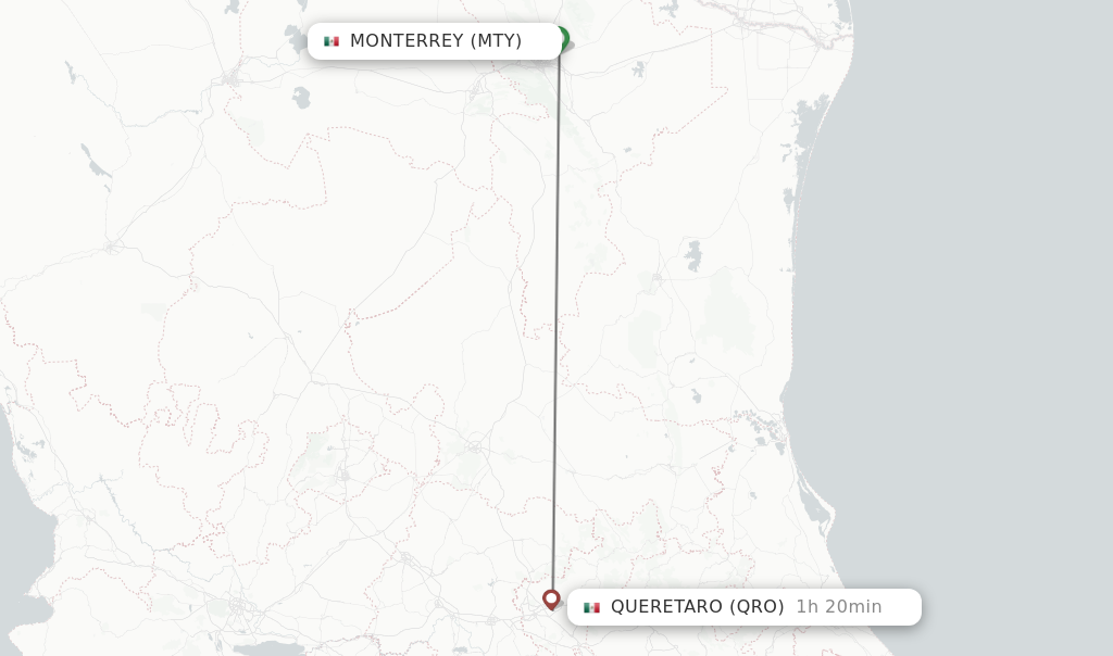 Flights from Monterrey to Queretaro route map