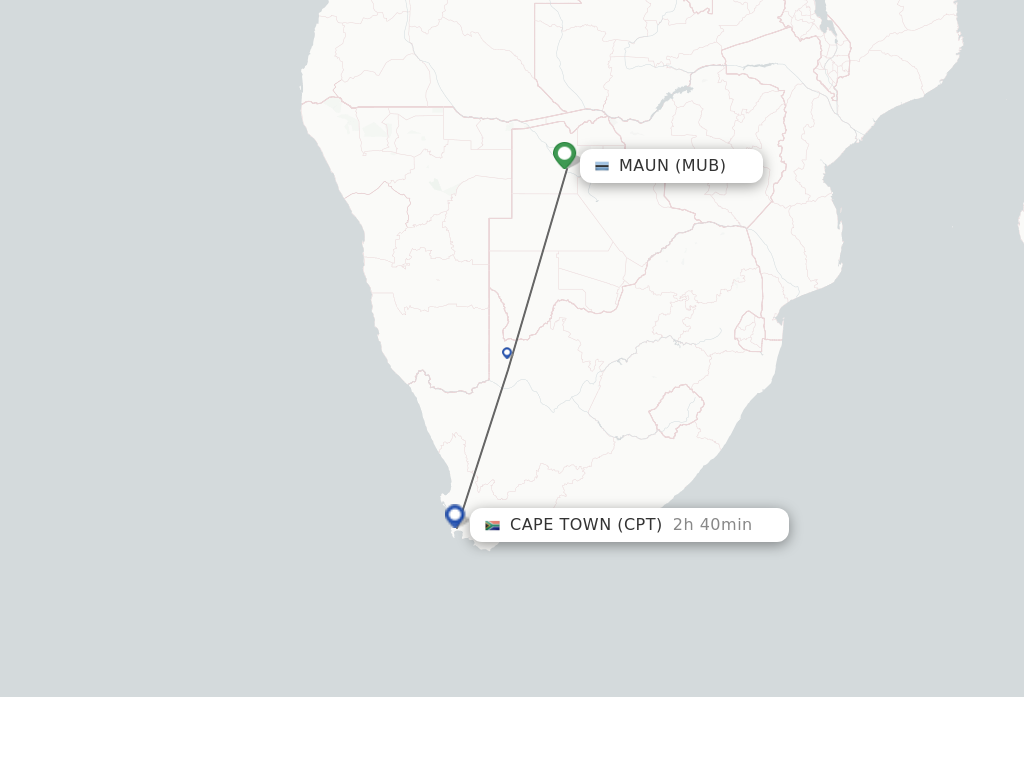 Flights from Maun to Cape Town route map