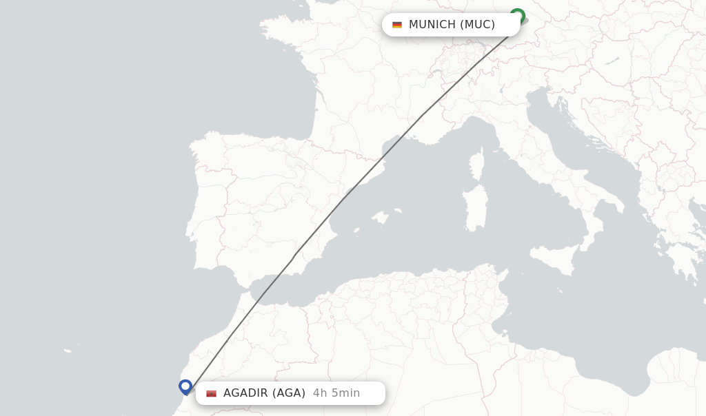 Flights from Munich to Agadir route map