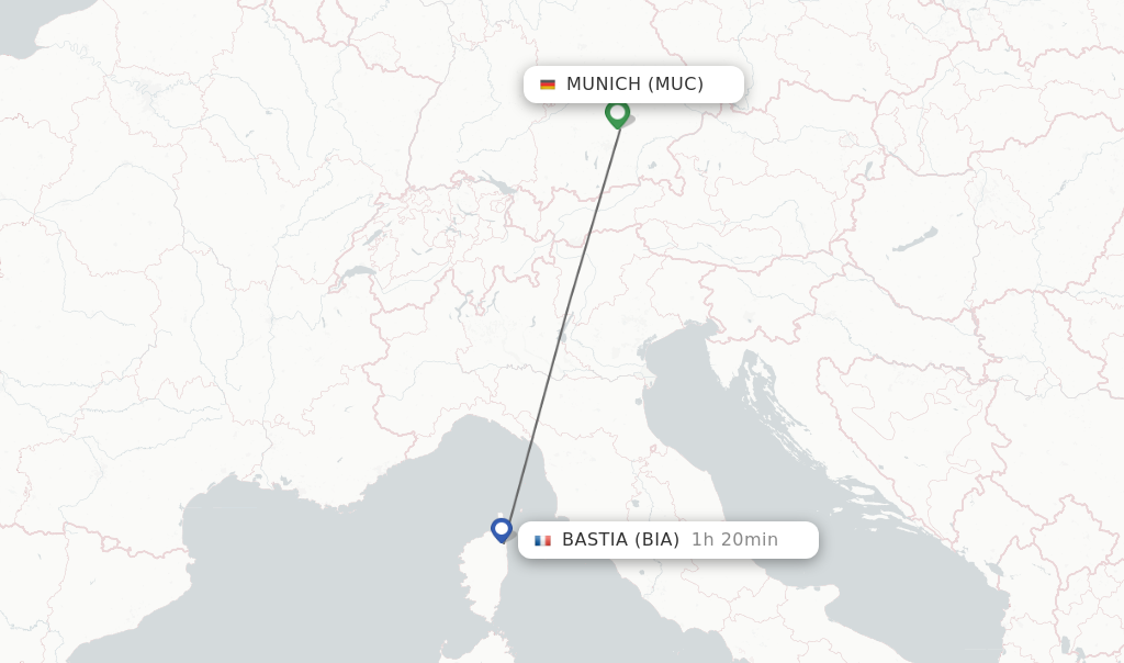 Flights from Munich to Bastia route map