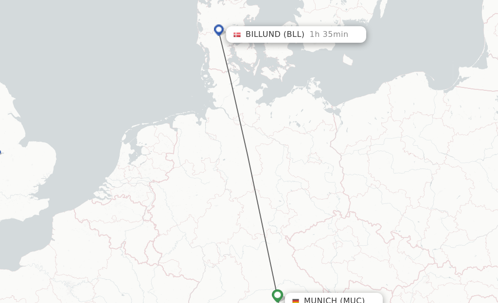 Flights from Munich to Billund route map