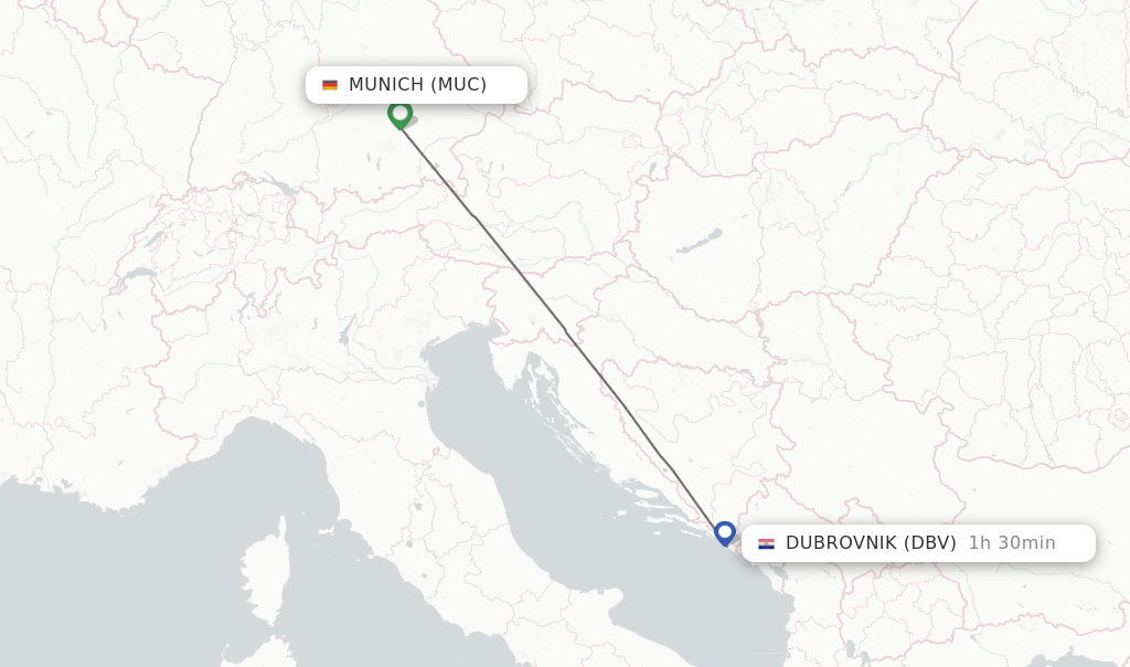 Flights from Munich to Dubrovnik route map