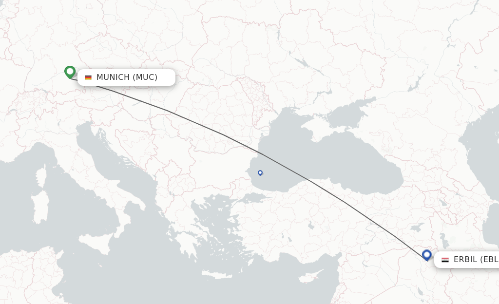 Flights from Munich to Erbil route map