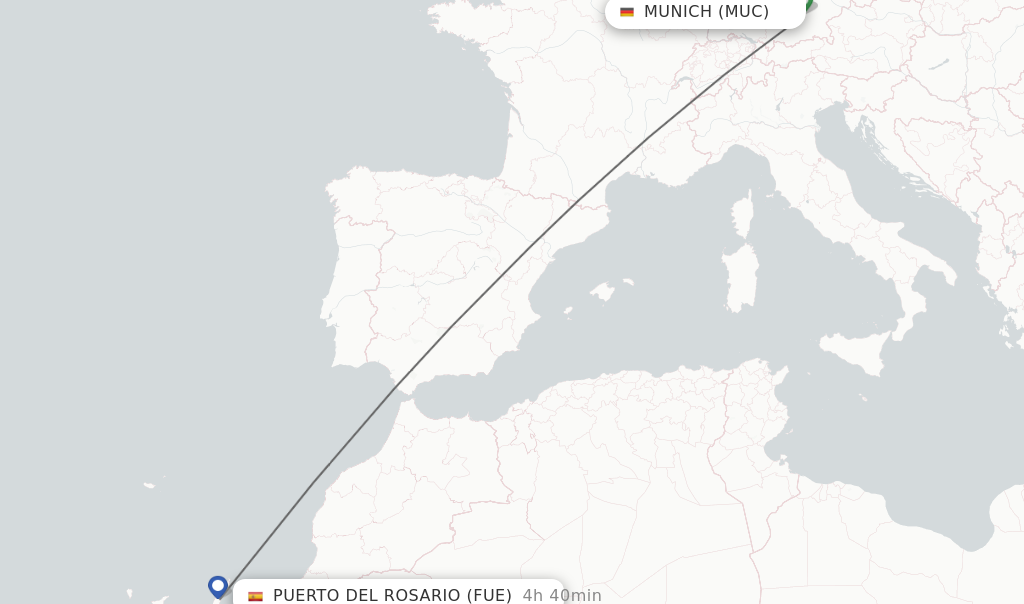 Flights from Munich to Puerto del Rosario route map