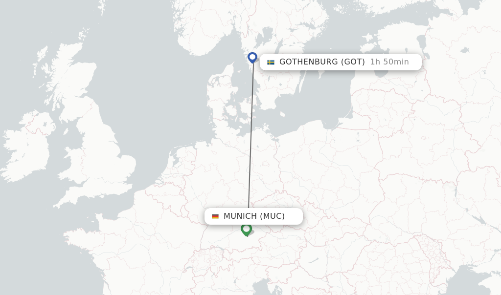 Flights from Munich to Gothenburg route map