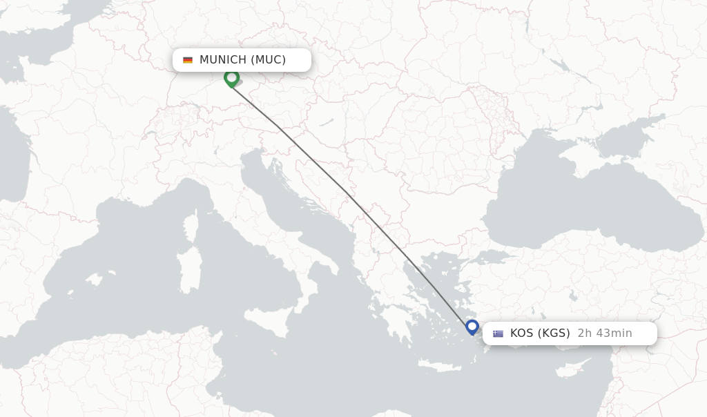 Flights from Munich to Kos route map