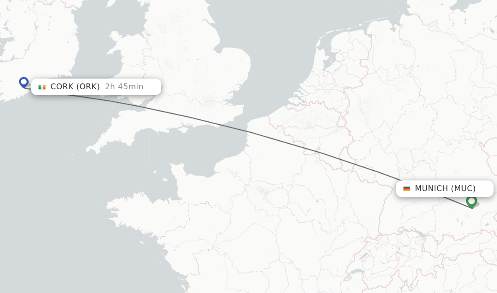 Flights from Munich to Cork route map