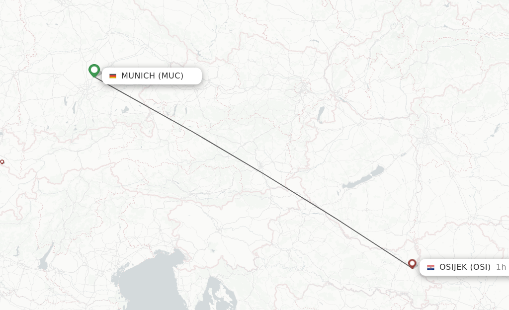 Flights from Munich to Osijek route map