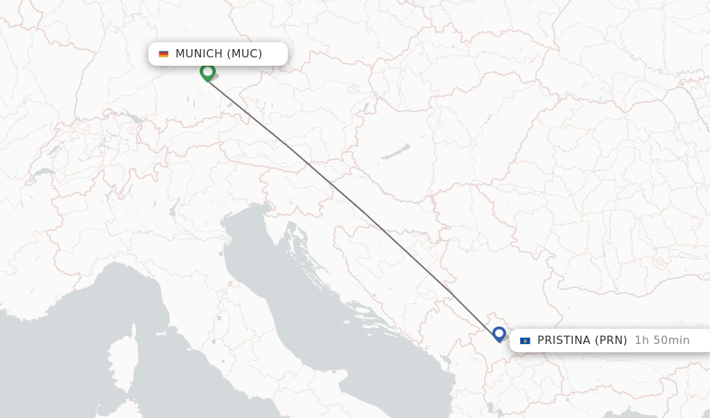 Flights from Munich to Pristina route map