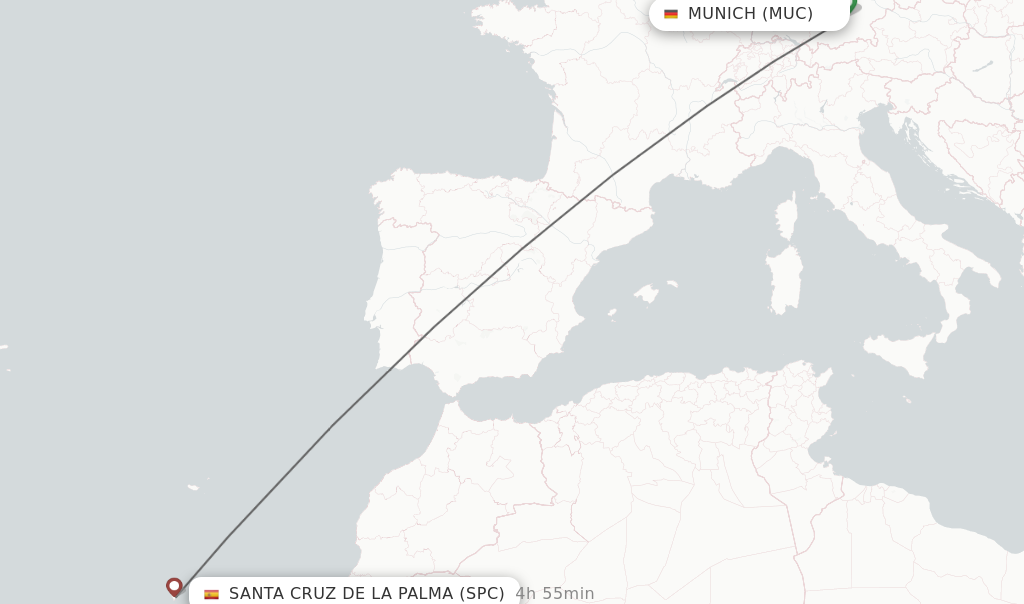 Flights from Munich to Santa Cruz De La Palma route map