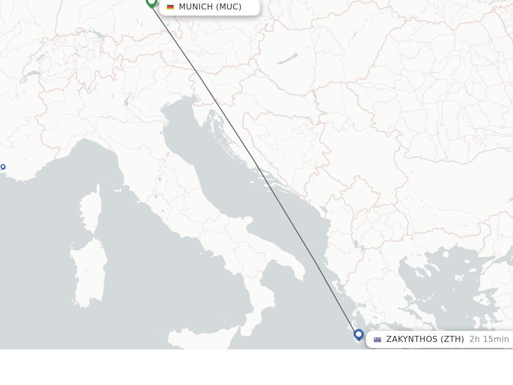 Flights from Munich to Zakinthos route map