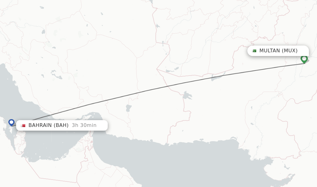 Flights from Multan to Bahrain route map