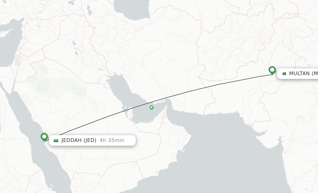 Flights from Multan to Jeddah route map