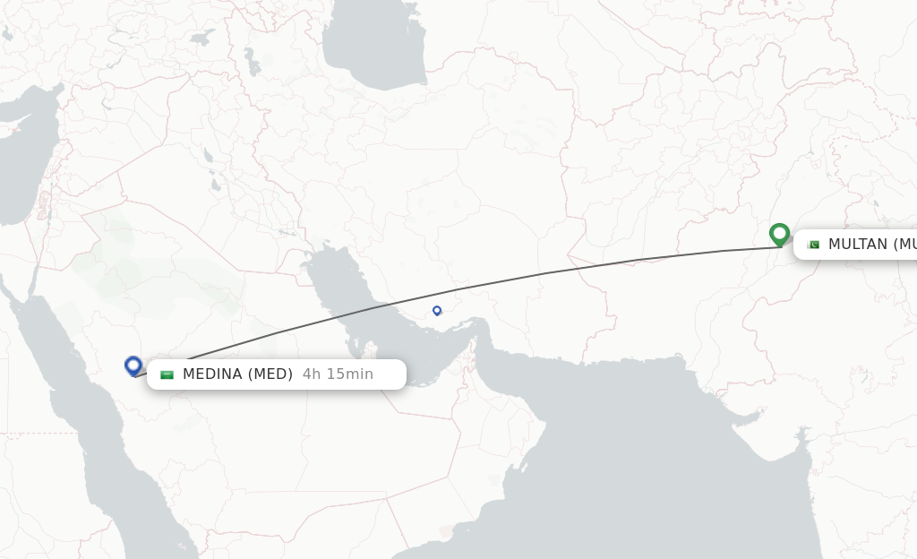Flights from Multan to Medina route map