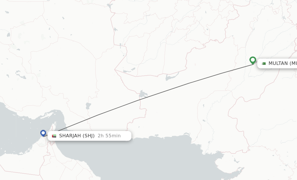 Flights from Multan to Sharjah route map