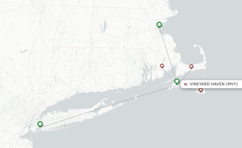 Route map with flights from Martha's Vineyard with Cape Air