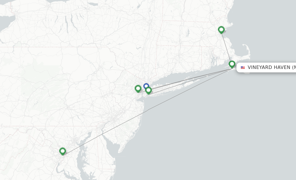 Route map with flights from Martha's Vineyard with JetBlue