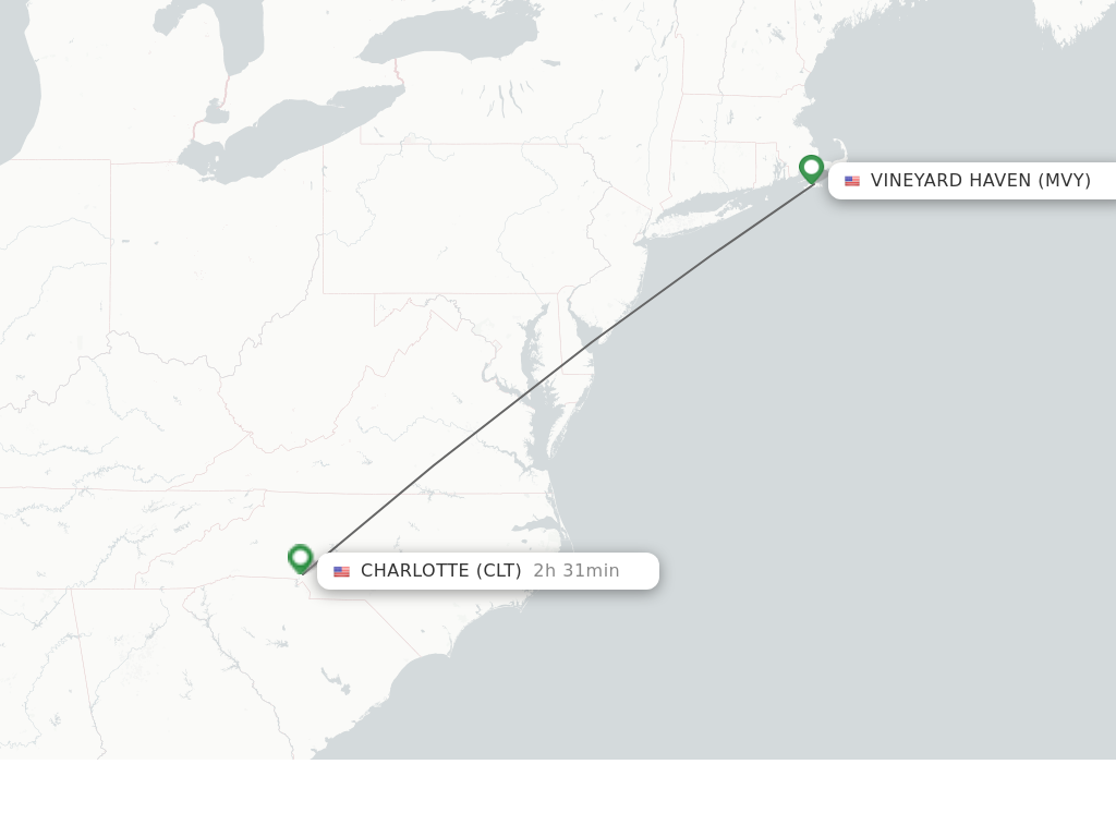 Flights from Vineyard Haven to Charlotte route map