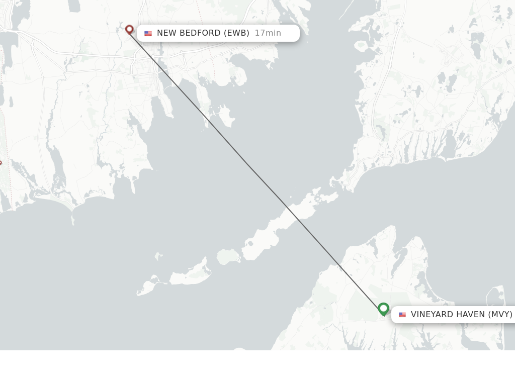 Flights from Vineyard Haven to New Bedford route map