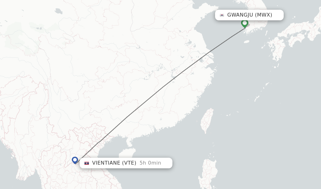Flights from Vientiane to Gwangju route map