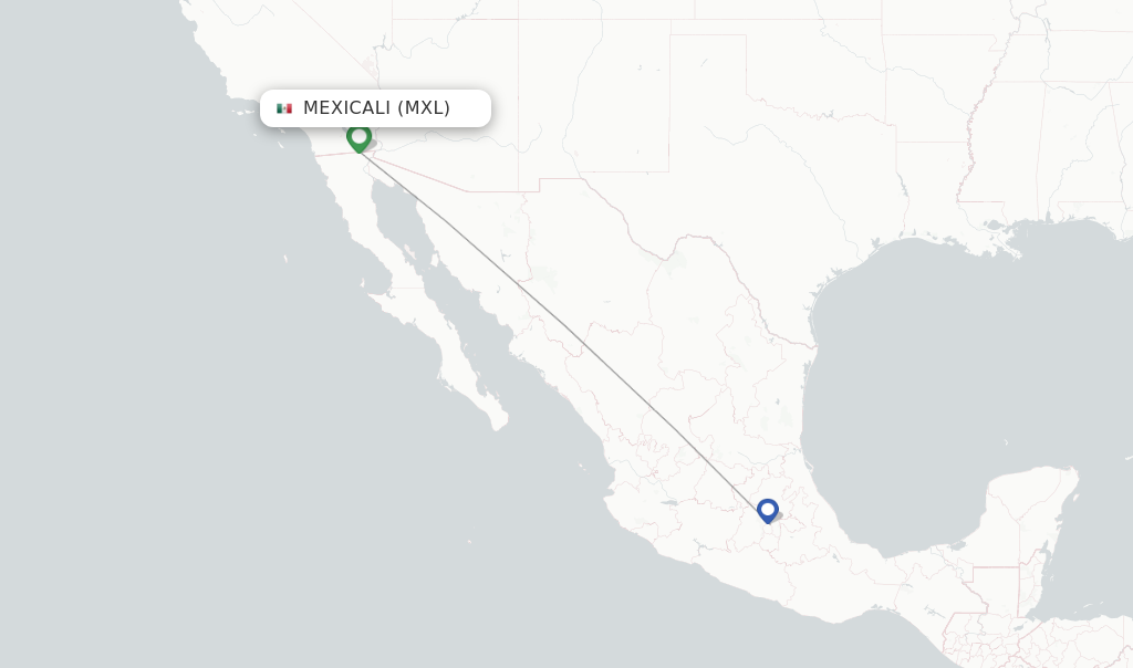Route map with flights from Mexicali with Aeromexico