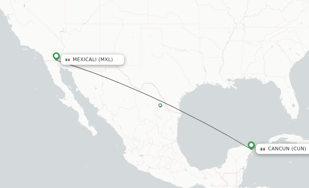 Flights from Mexicali to Cancun route map
