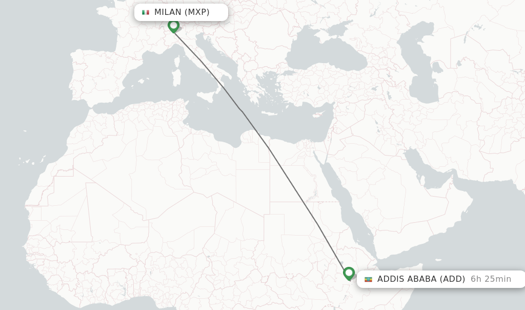 Flights from Milan to Addis Ababa route map