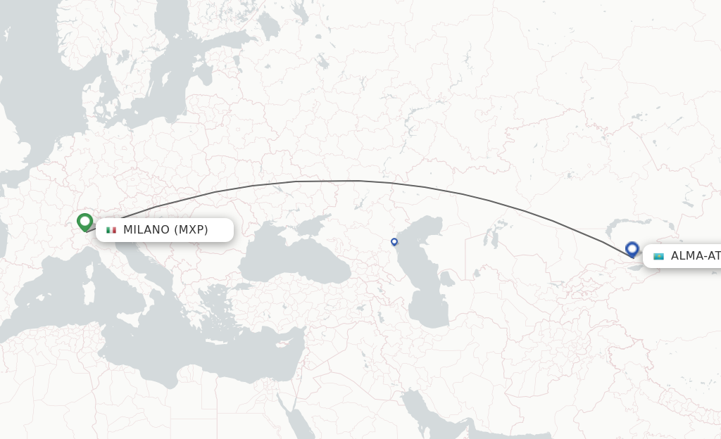 Flights from Milano to Alma-Ata route map