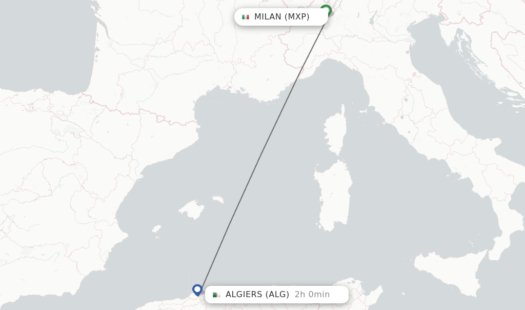 Flights from Milan to Algiers route map