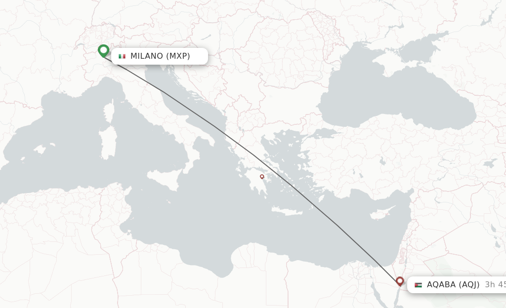 Flights from Milan to Aqaba route map