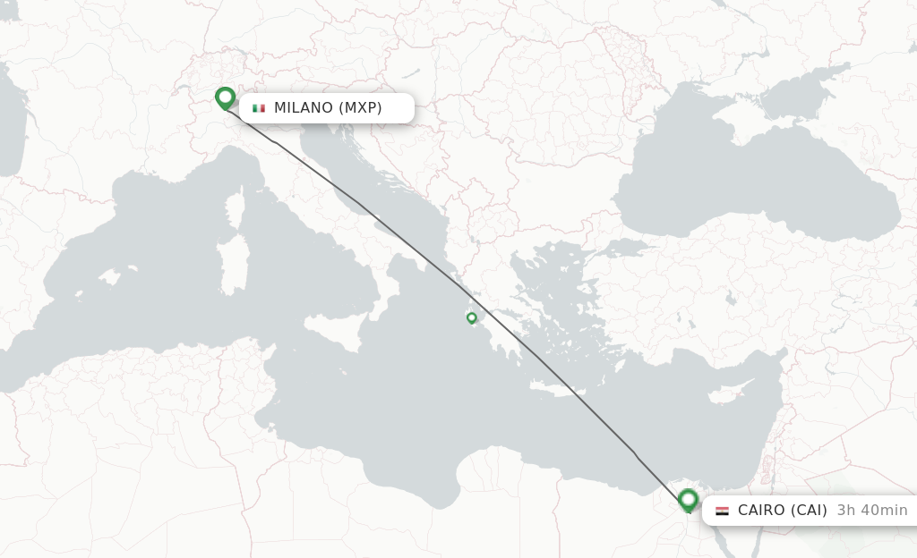Flights from Milan to Cairo route map