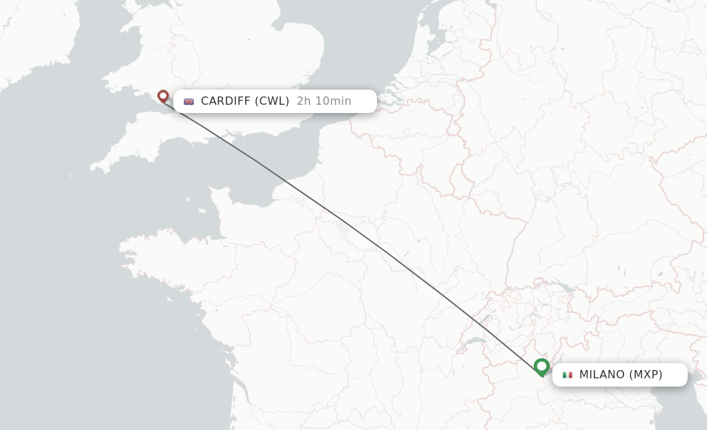 Flights from Milan to Cardiff route map