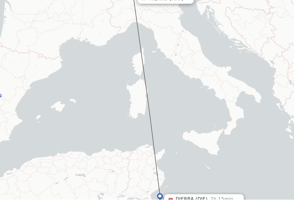 Flights from Milan to Djerba route map