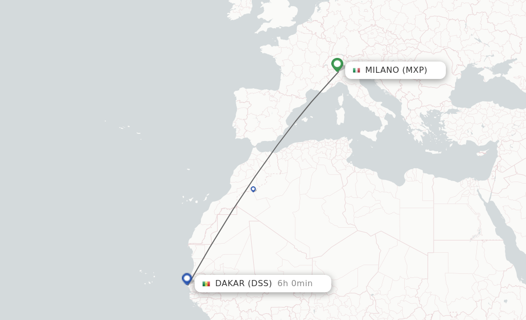 Flights from Milano to Dakar route map