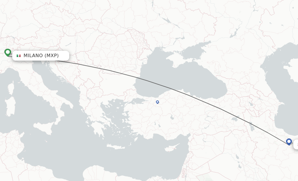 Flights from Milan to Tehran route map