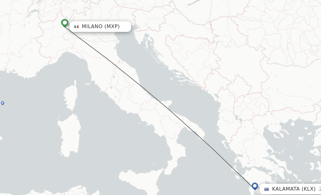 Flights from Milan to Kalamata route map