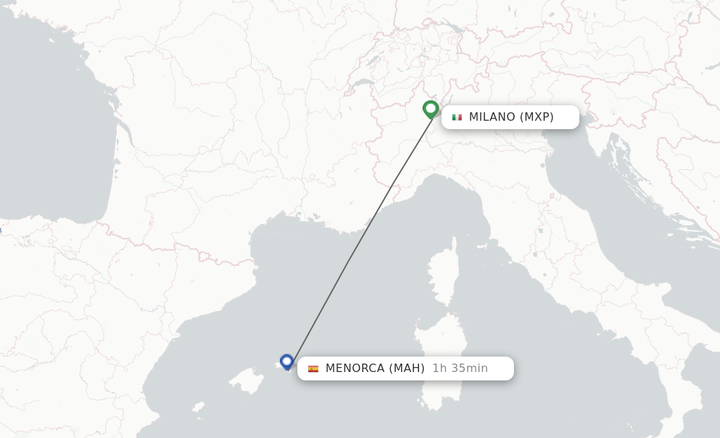 Flights from Milan to Menorca route map