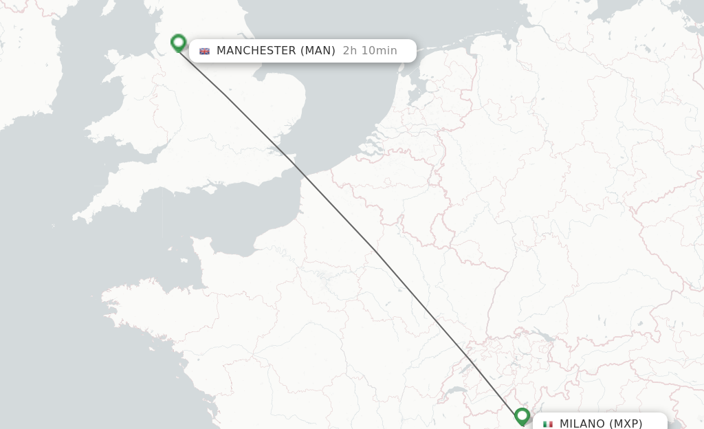 Flights from Milano to Manchester route map