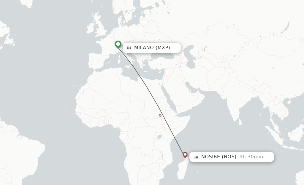 Flights from Milan to Nossi-be route map