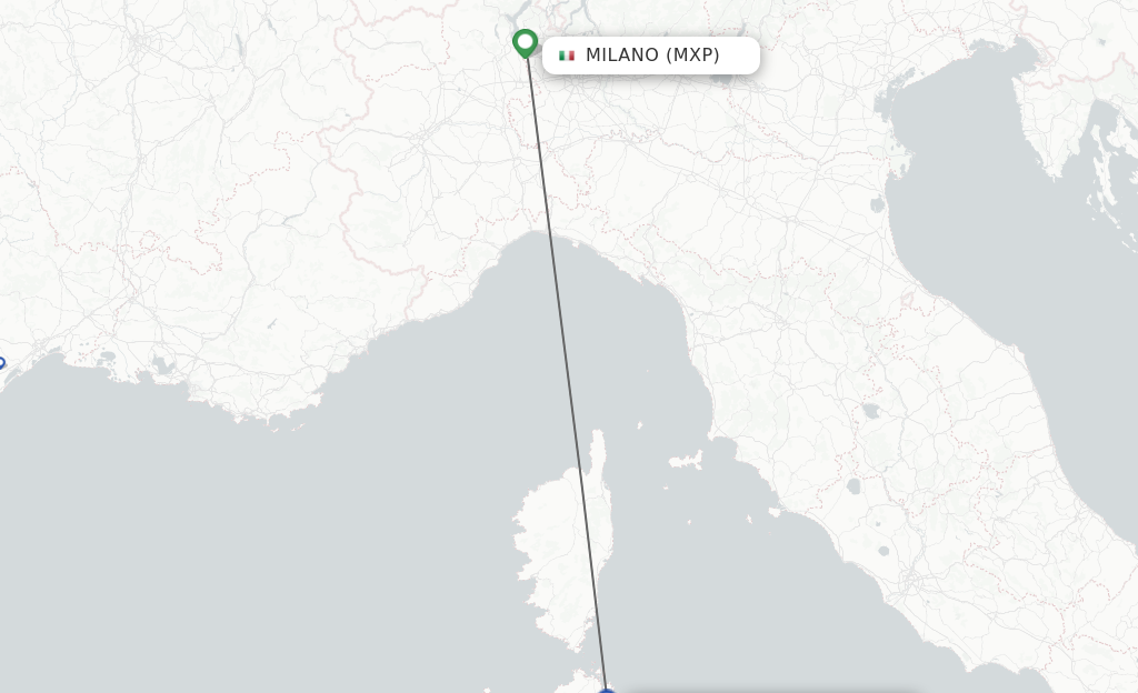 Flights from Milan to Olbia route map