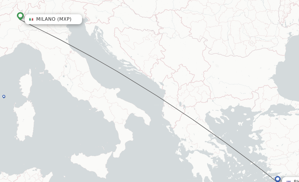 Flights from Milan to Rhodes route map