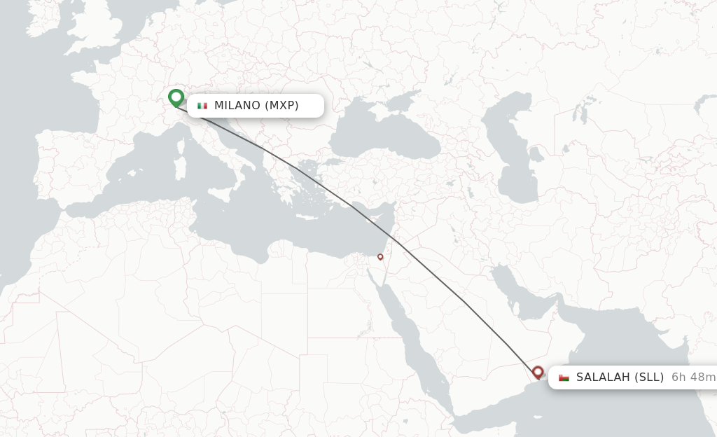 Flights from Milan to Salalah route map