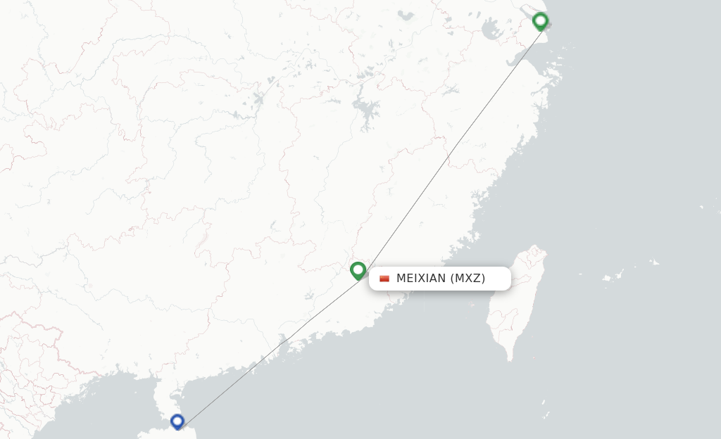 Route map with flights from Mei Xian with Tianjin Airlines