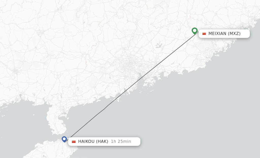 Flights from Mei Xian to Haikou route map