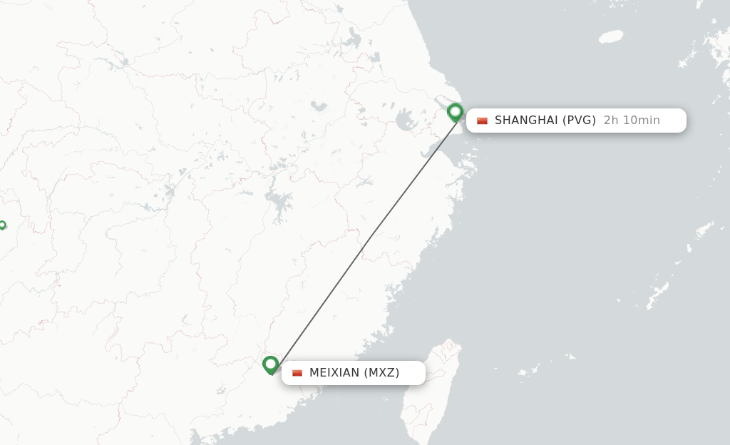 Flights from Mei Xian to Shanghai route map