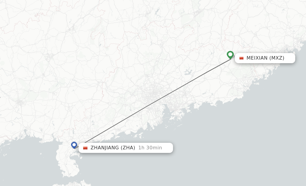 Flights from Mei Xian to Zhanjiang route map